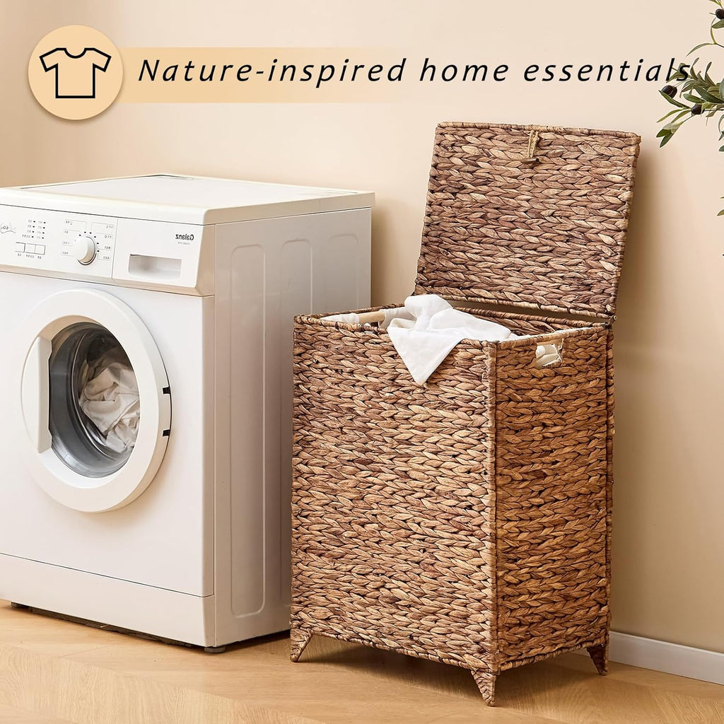 Large Laundry Hamper with Lid, Handwoven Hyacinth Rattan Clothes Hamper with Removable Liner Bag, Heightened Feet Wicker Laundry Basket for Bathroom, Bedroom, Living Room and Laundry