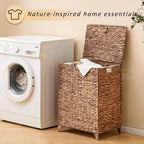 Large Laundry Hamper with Lid, Handwoven Hyacinth Rattan Clothes Hamper with Removable Liner Bag, Heightened Feet Wicker Laundry Basket for Bathroom, Bedroom, Living Room and Laundry