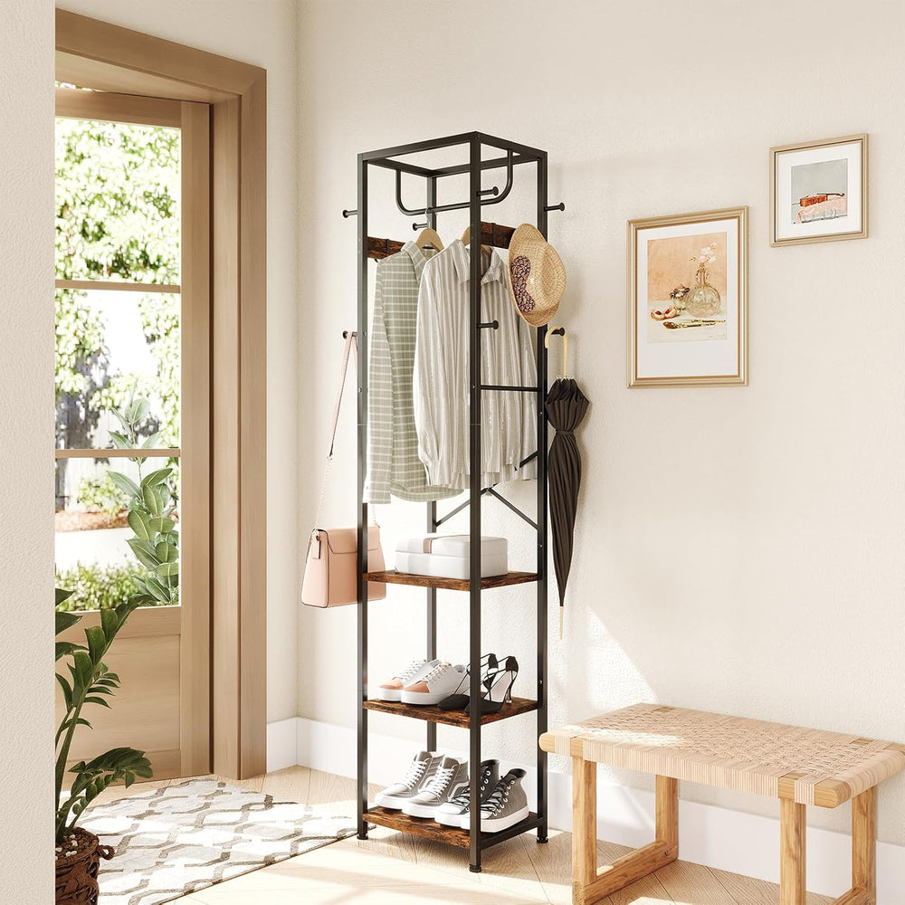 ELYKEN Coat Rack Freestanding, Hall Tree with 3 Storage Shelves and 12 Hooks,...