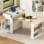Kitchen Island with Extendable Dining Table, Bar Table with Folding Tabletop and Power Outlet, Storage Island with Drawers, Wheels and Hooks, Ships in 2 Boxes (Creamy White & Natural)