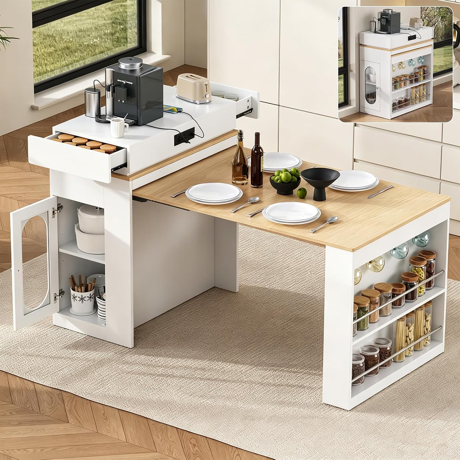 Kitchen Island with Extendable Dining Table, Bar Table with Folding Tabletop and Power Outlet, Storage Island with Drawers, Wheels and Hooks, Ships in 2 Boxes (Creamy White & Natural)