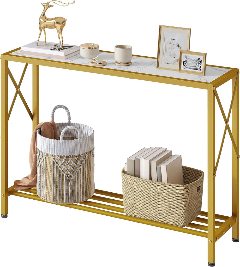 Tajsoon Entryway Table 41.8", 2 Tier Gold Console Table with Shelves | N...