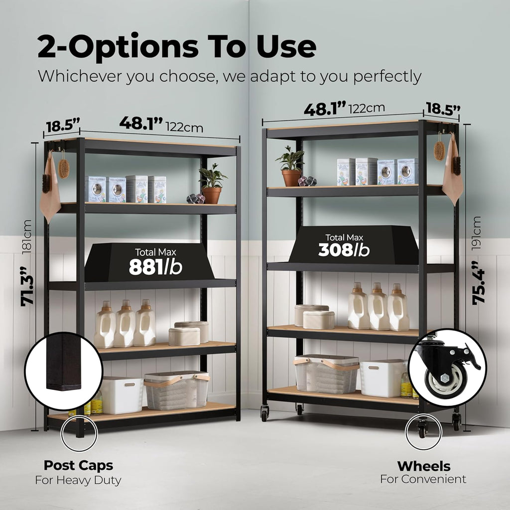 HOMEDANT House 5-Tier Metal Boltless Rolling Cart Shelf Rack Casters Heavy Duty Wheel Shelving Unit Adjustable Utility Storage Shelves Organizer Shelf Kitchen Garage 48.1" W x 18.5" D x 75.4" H 1Pack