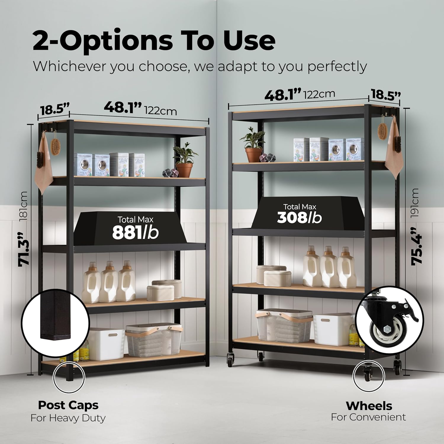 HOMEDANT House 5-Tier Metal Boltless Rolling Cart Shelf Rack Casters Heavy Duty Wheel Shelving Unit Adjustable Utility Storage Shelves Organizer Shelf Kitchen Garage 48.1" W x 18.5" D x 75.4" H 3Pack