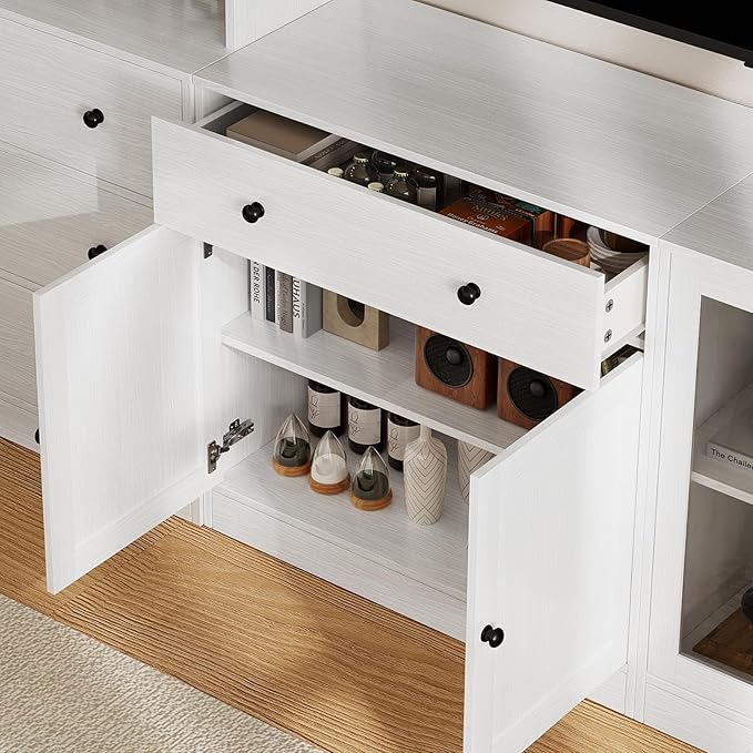 TUSY 71" Large TV Stand Set - TV Entertainment Center for TVs up to 65", Media Center with Tempered Glass Doors and Drawer, TV Hutch with Bookshelves for Living Room (White, BEEB)
