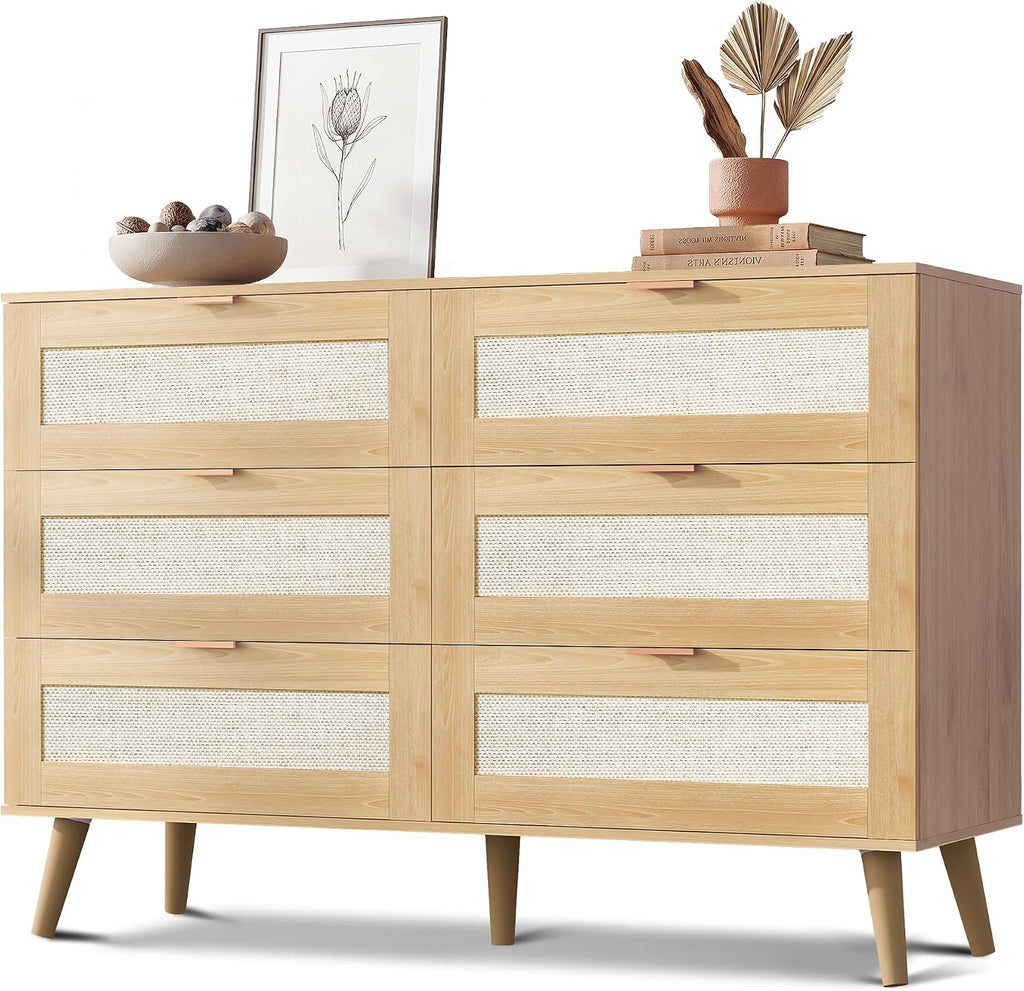 6-Drawer Rattan TV Stand | Boho Wood TV Console Fits Up to 55-inch TV for Living Room，Oak