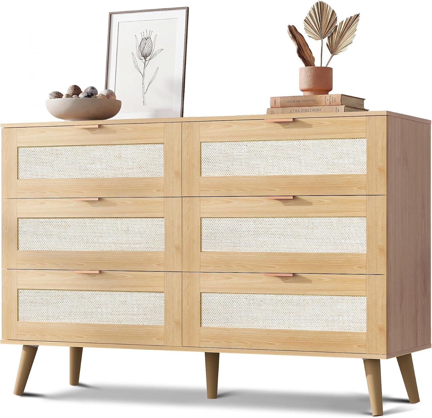 6-Drawer Rattan TV Stand | Boho Wood TV Console Fits Up to 55-inch TV for Living Room，Oak