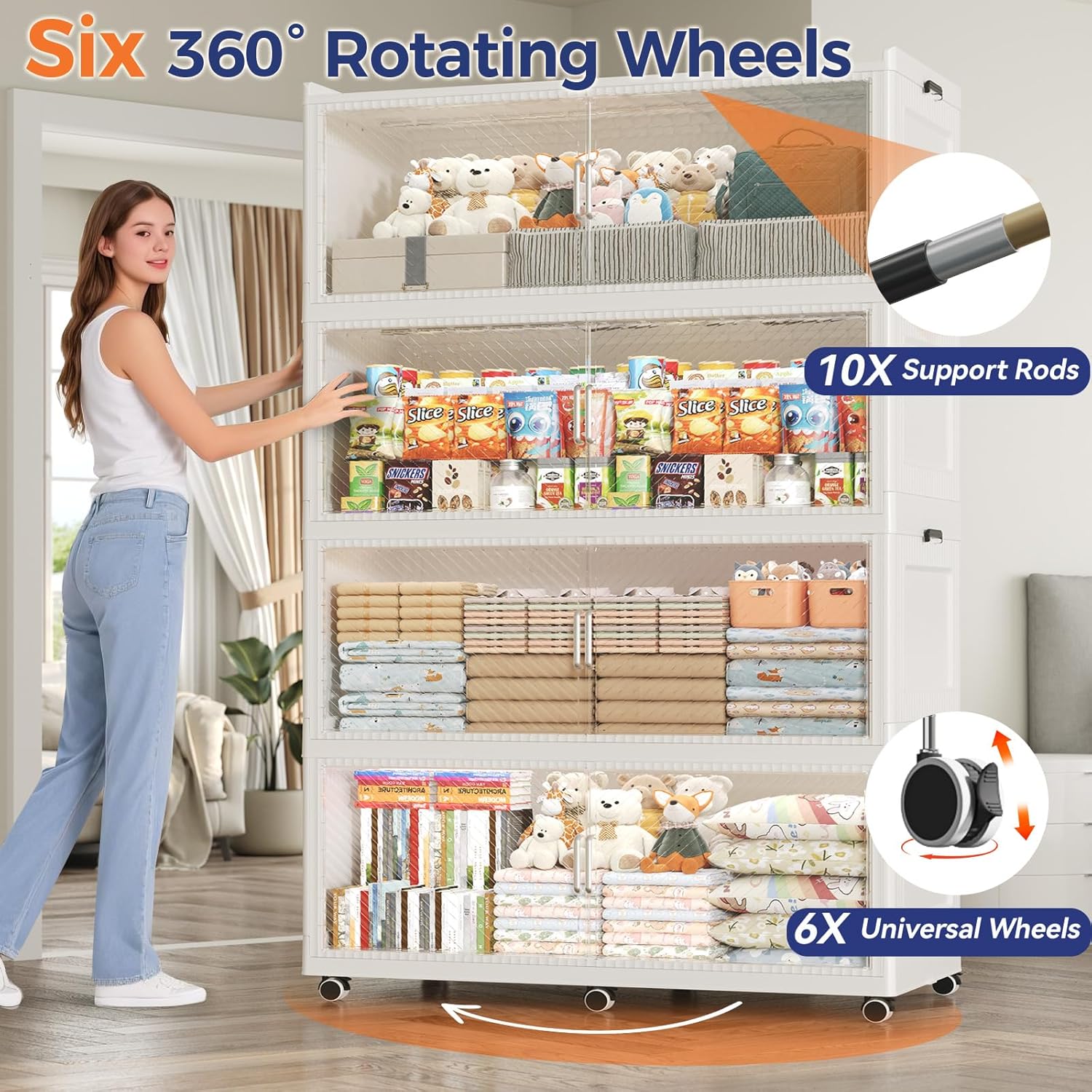 50GAL Extra Large Storage Bins with Lid, 200QT Collapsible Organizer with Wheels, Stackable Closet Cabinet with Doors, Folding Storage Containers for Home, Office, Kitchen, 1Pack White