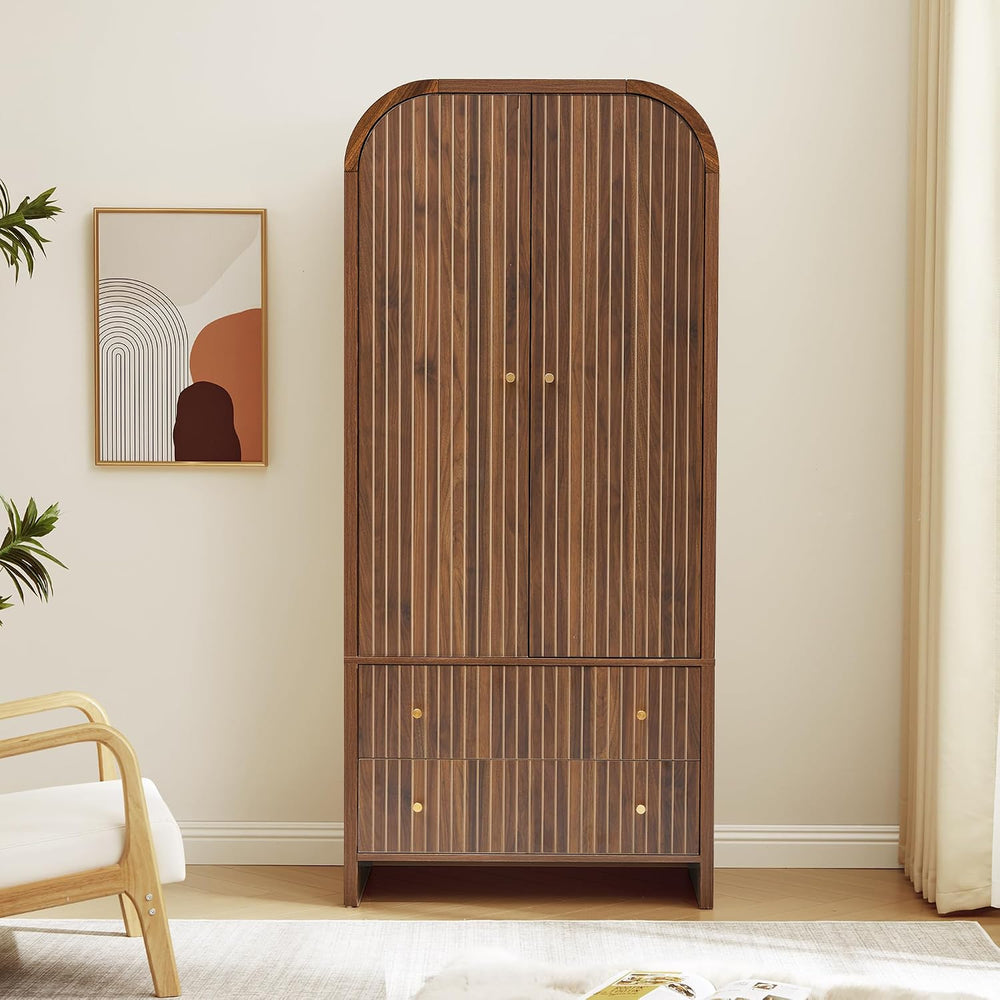 LEVNARY Arched Armoire Wardrobe Closet, Mid-Century Modern 2-Door Freestandin...