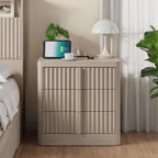 Fluted Nightstand with Charging Station, 23.6" Night Stand with Solid Wood Handle, Mid Century Modern Bedside Table End Table 3 Drawer Dresser for Bedroom, Living Room, White Alder