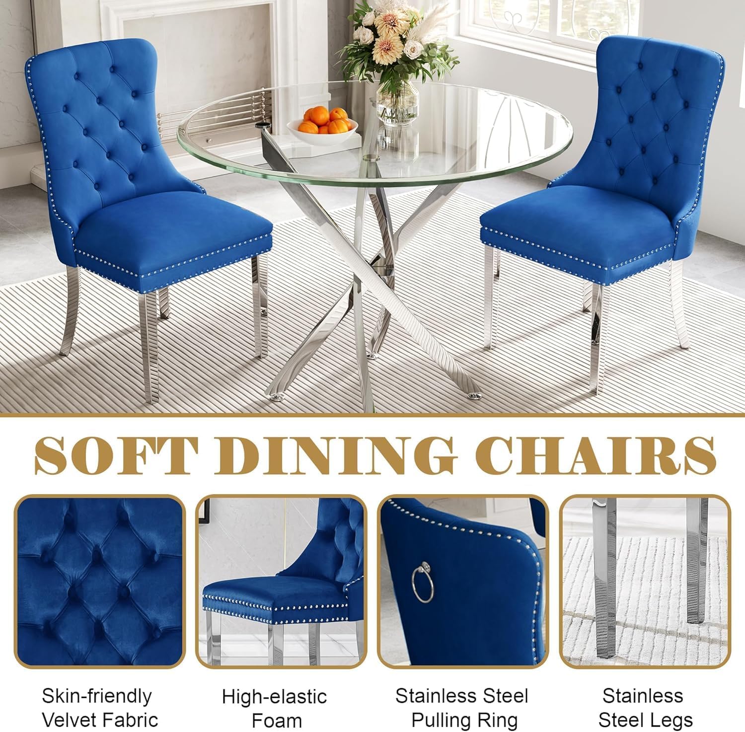 AF ARTISAN FURNITURE 36" Round Glass Dining Table Set for 2, 3-Piece Modern Kitchen Table with 2 Blue Velvet Chairs, Dining Room Table Set for Apartments Small Spaces (Silver Leg)
