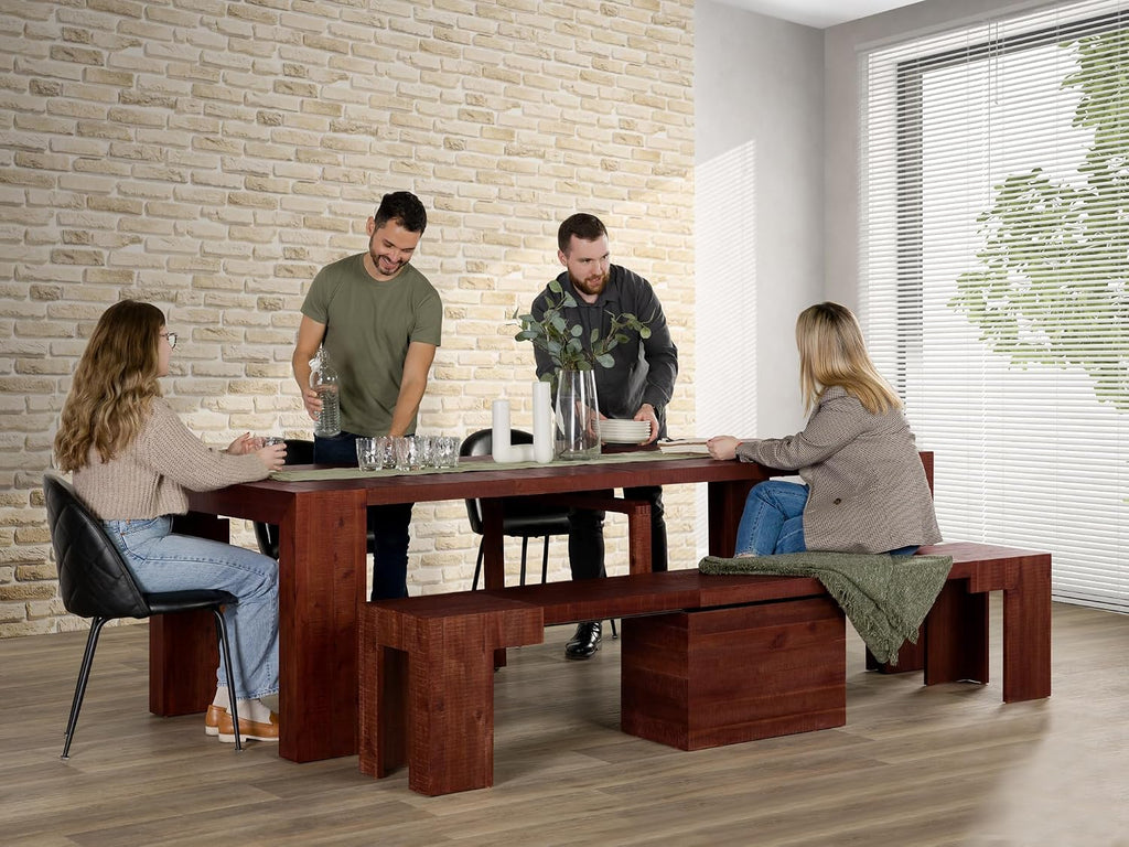 Transformer Table Solid Wood Extendable Dining Table, Red Oak | Seats 2-12, Expandable Dining Room Table, Space-Saving Furniture, Kitchen and Dining Room Furniture, Table + Bench