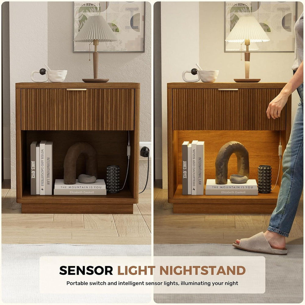 Miereirl Fluted Nightstand with Charging Station, Vintage Modern Night Stands...