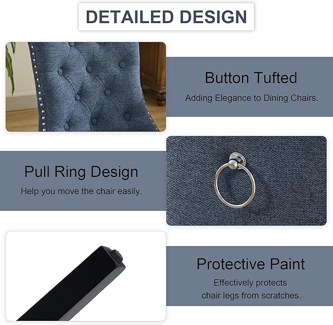 Upholstered Tufted Dining Chairs Set of 6, Fabric Side Dining Room Chairs with Nailhead Back Ring Pull Trim Solid Wood Legs, Dark Blue