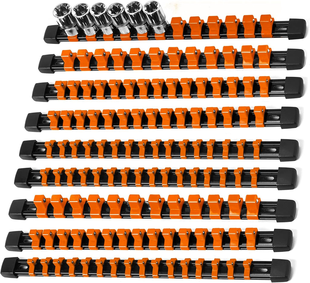 Socket Organizer Drive ABS Tools - Orange Socket Holder, Premium Quality 9 Pieces Socket Holders Kit 1/4-Inch x 48 Clips, 3/8-Inch x 45 Clips, 1/2-Inch x 36 Clips（9PC,Orange)
