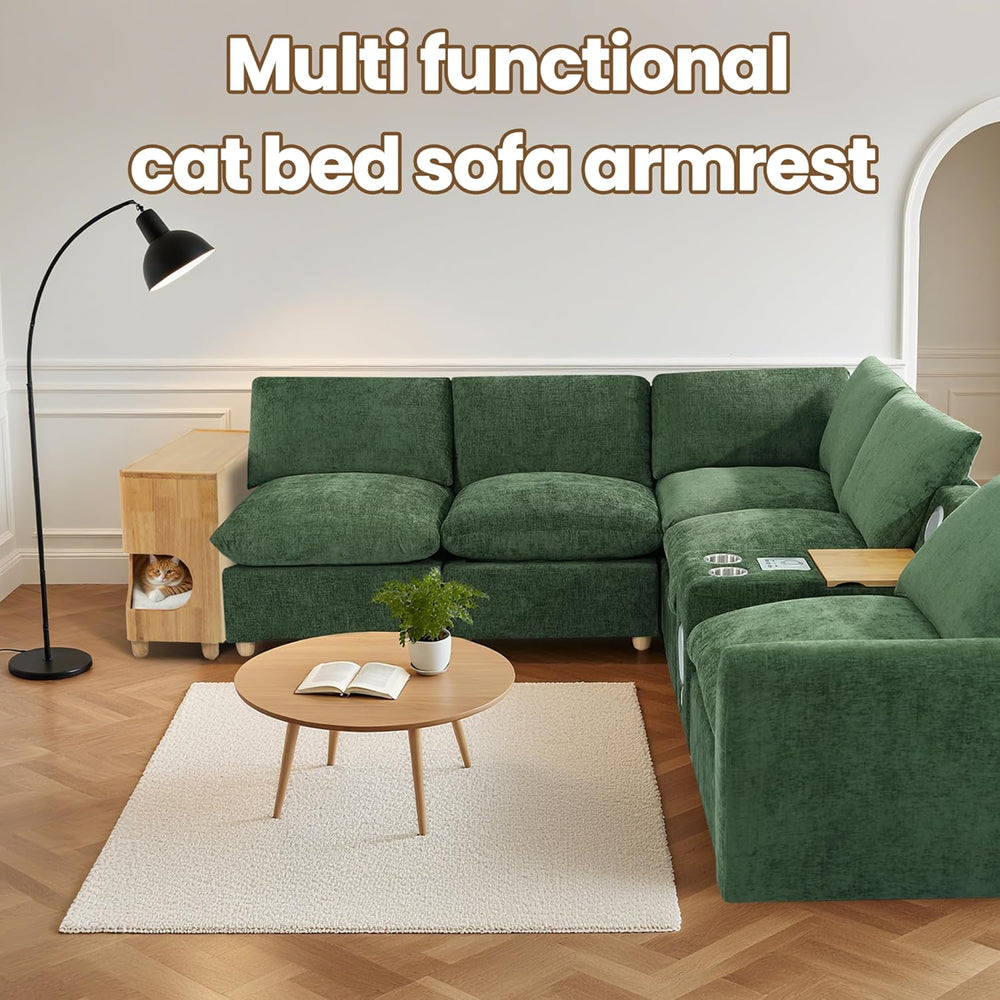 Brelice Sofa Armrest Side Table with Hidden Cat Bed and Storage, Chenille Cou...