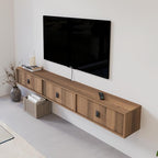 Solid Wood Floating TV Shelf, 71'' Wall Mounted TV Cabinet, Floating Shelves with 3 Doors, Wooden Mid-Century Entertainment Media Console Center Large Storage Under TV (Walnut)