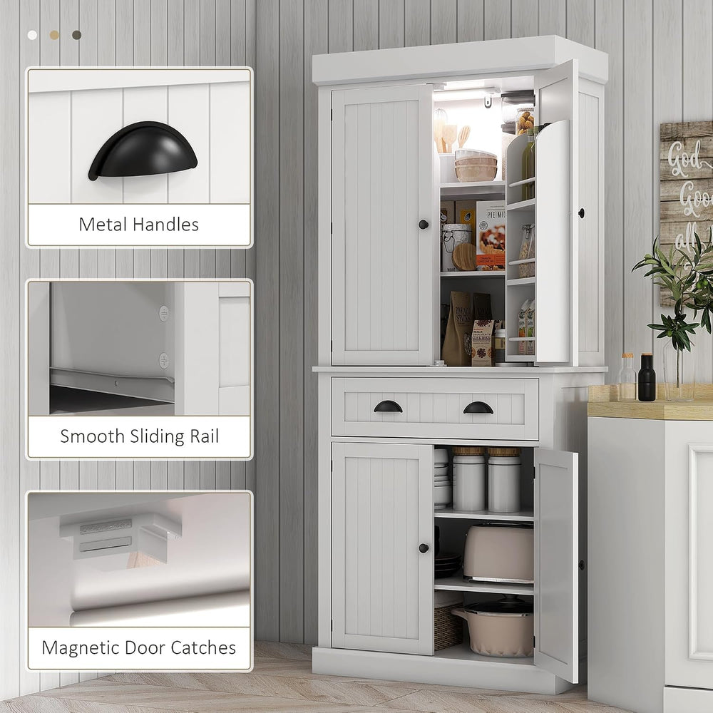 HOMCOM 71" Kitchen Pantry Cabinet LED Motion Sensor Light Drawer White |...