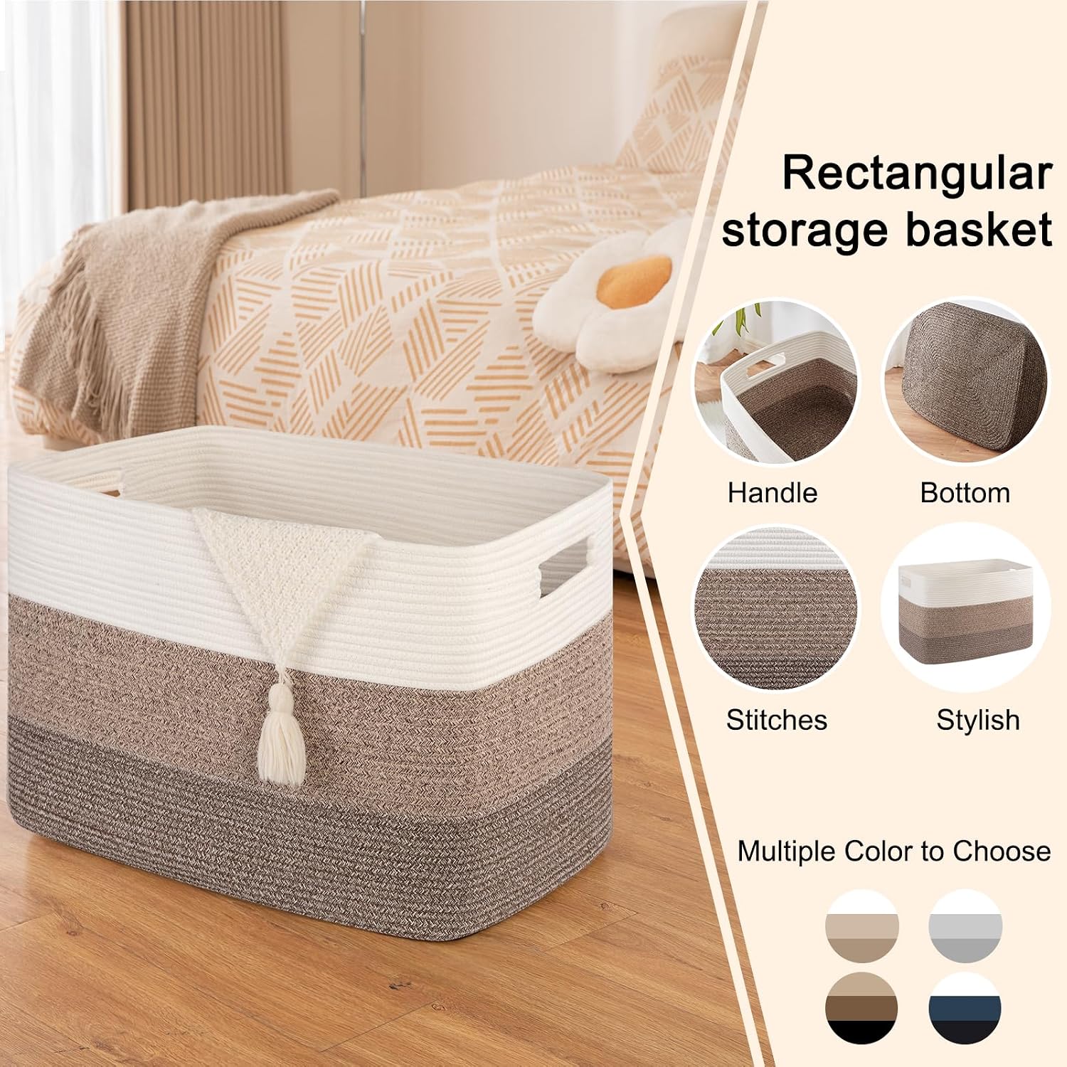 OIAHOMY 108L Large Cotton Rope Basket, Rectangle Woven Baskets for Storage, Nursery Blanket Storage Living Room, Toy Basket with Handle-25”x16”x16”-Gradient Dark Brown