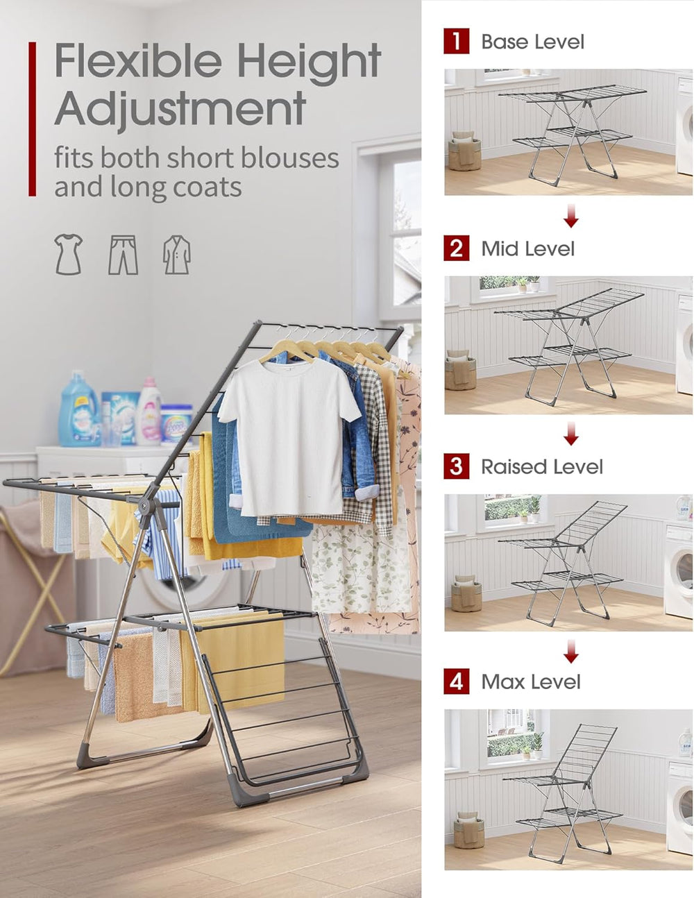Sakugi Clothes Drying Rack, Foldable 2-Level Laundry Drying Rack with Height-...
