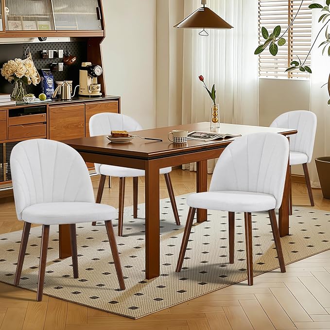 Fabric Dining Chairs Set of 4, Upholstered Mid Century Modern Dining Chairs, Armless Accent Chair with Walnut Wood Legs for Kitchen, Living Room, Dining Room, White