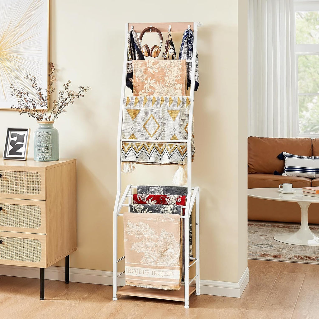 Pinzoveco Blanket Ladder, 7 Tier Wooden Ladder Shelf with Hooks 5.5ft White | Blanket Ladders for The Living Room, Blanket Holder Rack Farmhouse Ladder Rack for Storage and Home Decor