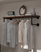 Clothes Rack 36in, Wall Mounted Garment Racks with Real Walnut Wood Shelves, Heavy Duty Hanging Clothes Rack, Multi-Purpose Hanging Rod, Space-Saving Closet Storage
