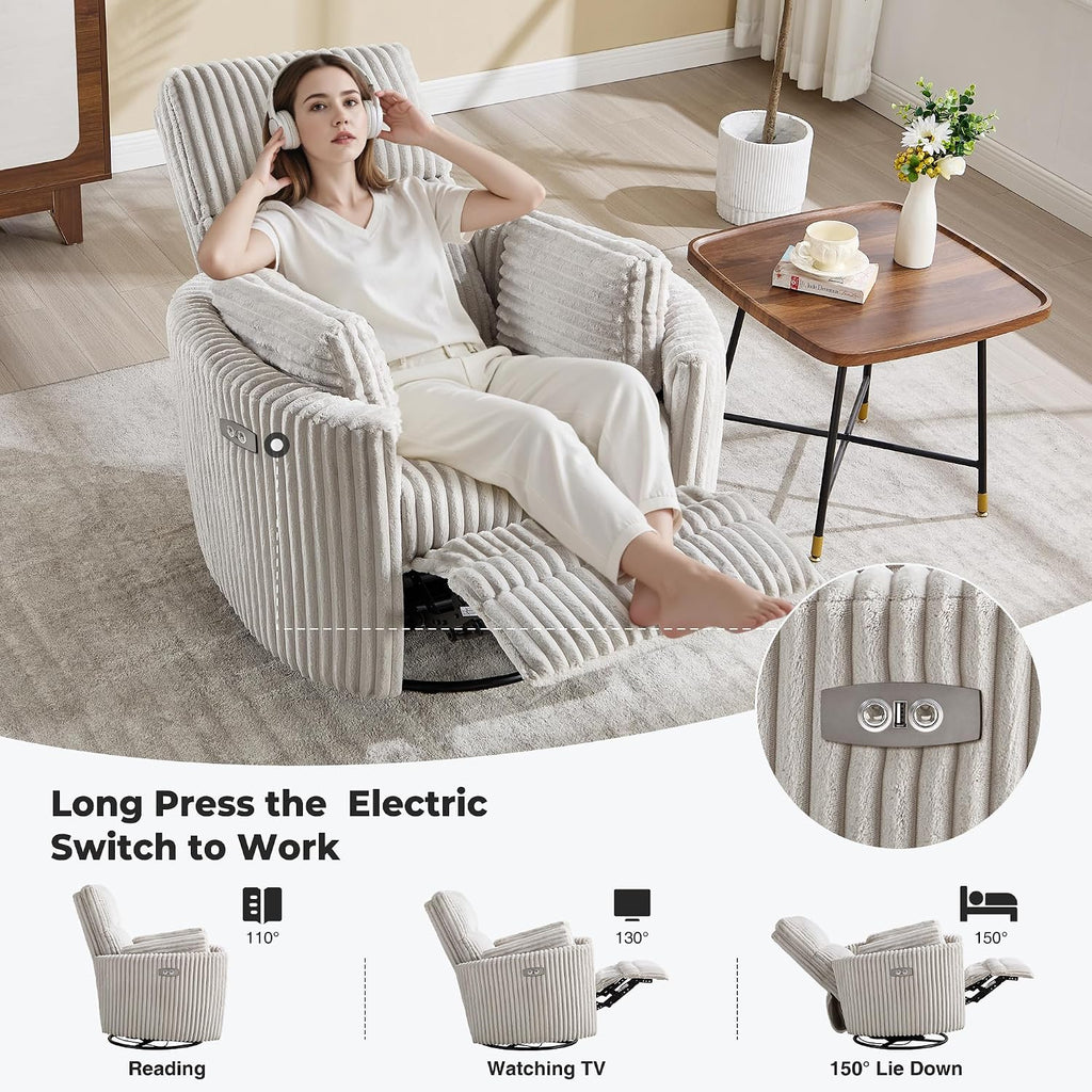 Power Recliner,Nursery Swivel Glider Rocking Chair with USB Port,Upholstered Adult Electric Recliner Rocking Chair with 2 Pillows for Living Room Bedroom(Lightgrey Corduroy, Power-Driven)