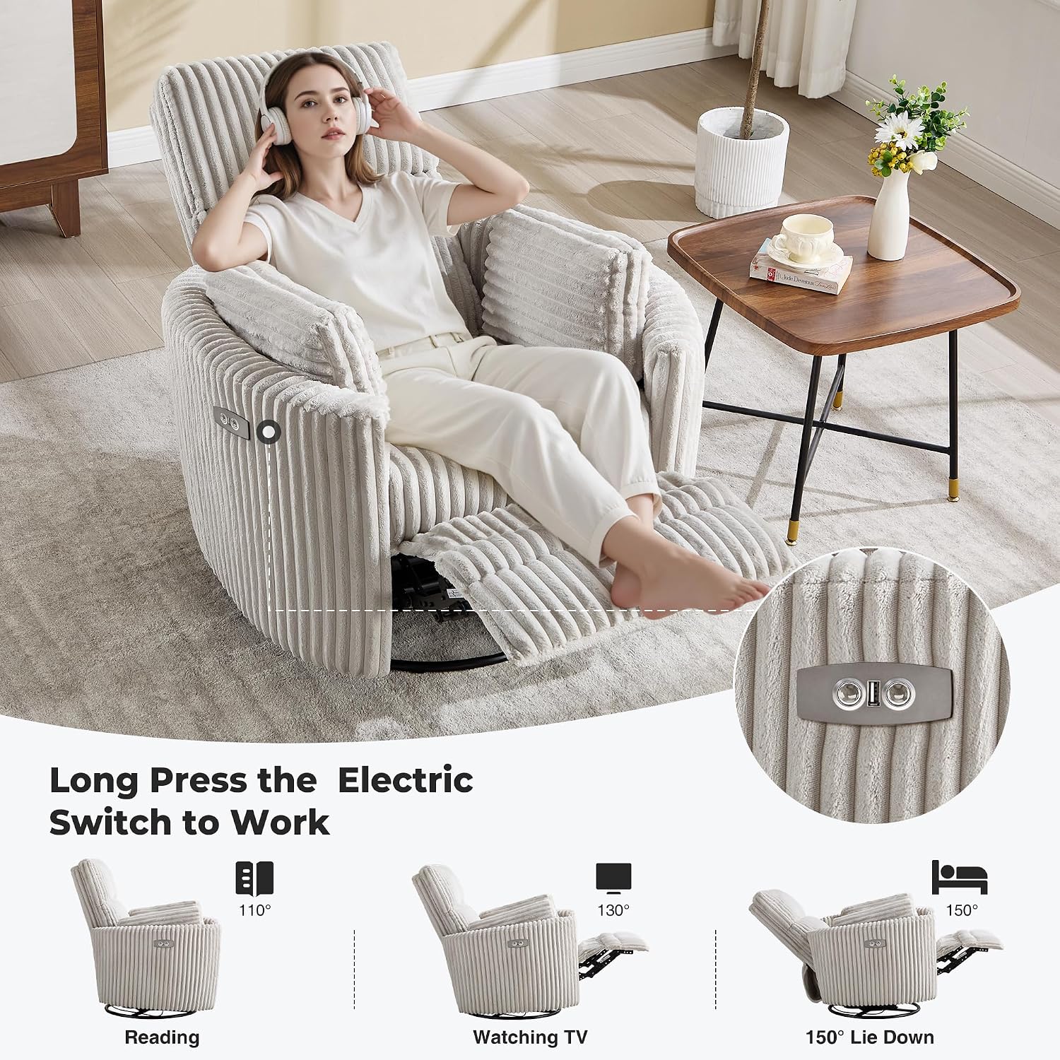 Power Recliner,Nursery Swivel Glider Rocking Chair with USB Port,Upholstered Adult Electric Recliner Rocking Chair with 2 Pillows for Living Room Bedroom(Lightgrey Corduroy, Power-Driven)
