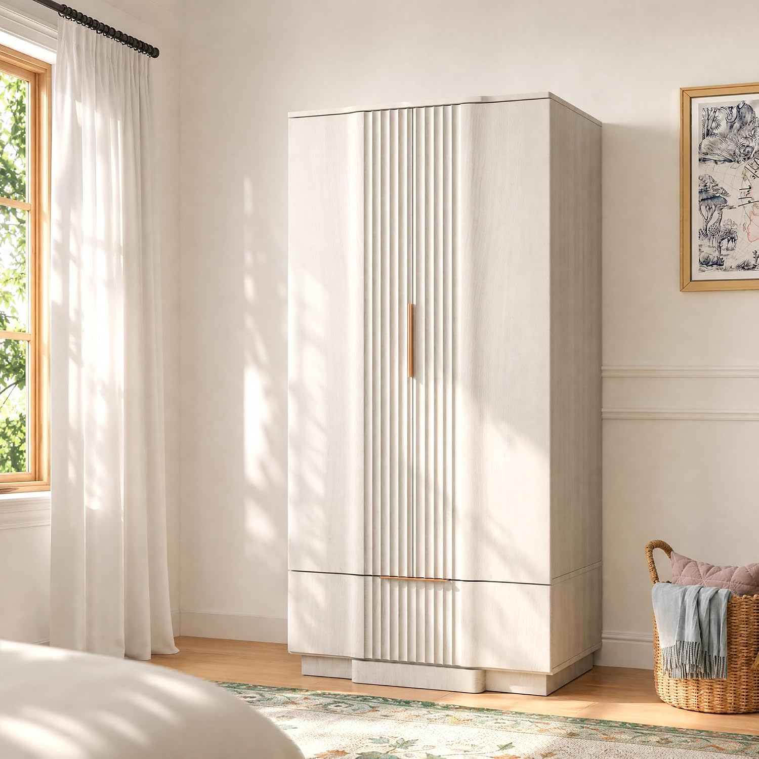 Yechen 67" Fluted Armoire Wardrobe Closet with Doors and Drawer | Wooden Wardrobe Cabinet with Adjustable Shelve, Modern Small Armoires for Hanging Clothes Coats for Bedroom, White Grey