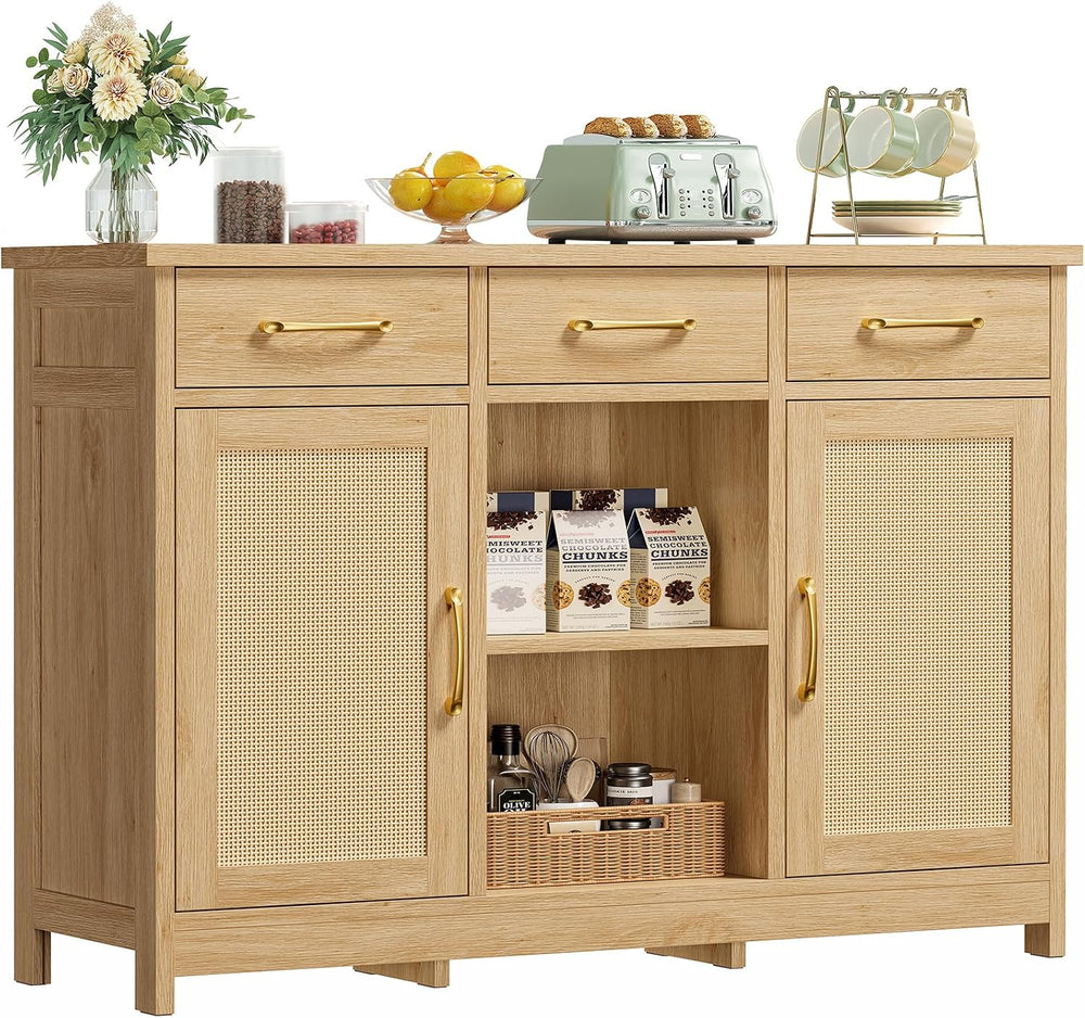 TEENFON Coffee Bar Cabinet with 3 Drawers, Farmhouse Buffet Cabinet