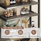 L-Shaped Bakers Rack with Power Outlets, 6-Tier Microwave Stand with Hooks, Coffee Bar with Open Storage, Mesh Grid, Kitchen Shelf with Wire Basket, Grey