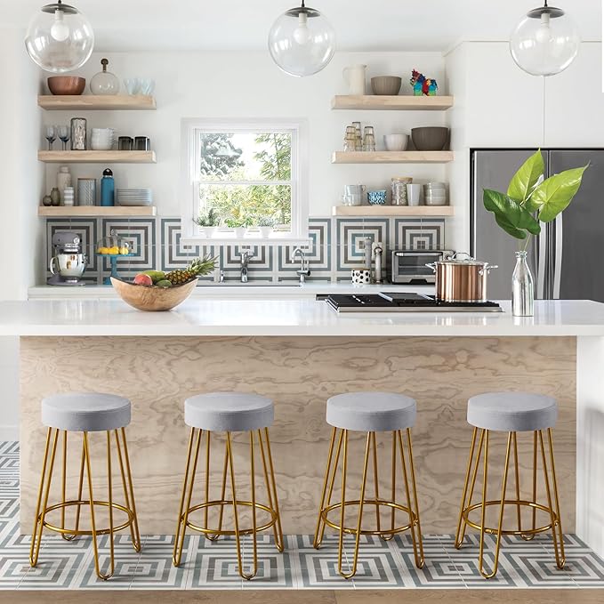 Yaheetech Bar Stools Set of 4, Velvet Round Counter Stools, Backless Counter Height Bar Chairs with Golden Legs for Kitchen Dining Room Pub Cafe, Gray