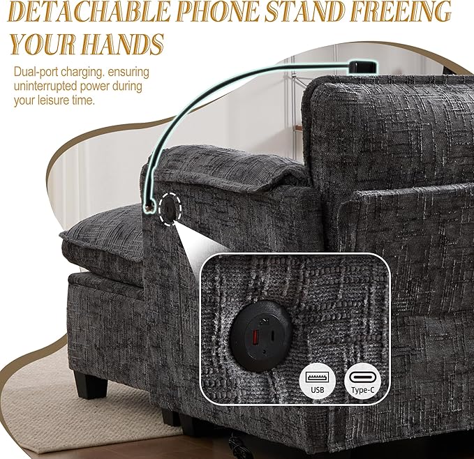 Ball & Cast 109" Oversized Sectional Sofa,Comfy Cloud Couch W/Movable Storage Ottoman,L Shaped Sectional Sofa W/USB Charging Port,Phone Holder&Side Pocke,Chenille Fabric,for Living Room,Gray