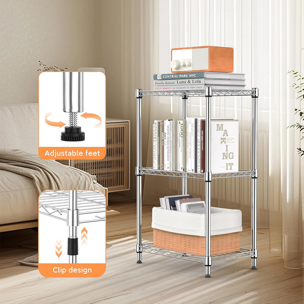 3 Tiers Shelf Metal Storage Shelves Wire Rack Closet Organizers with Wheel for Garage Kitchen Bathroom Laundry Chrome 11.8" D x 17.7" W x 28.8" H