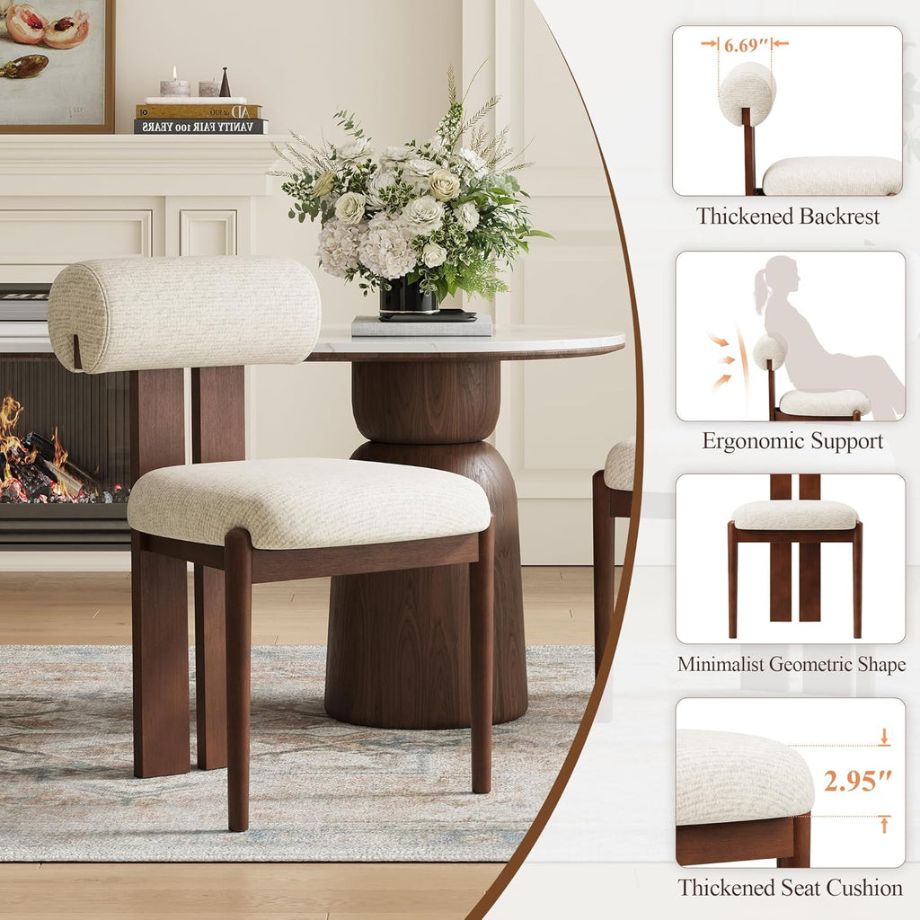 MALOL Modern Wooden Dining Chairs Set of 4, Upholstered Fabric Kitchen Chairs with Sculptural Backrest, Mid-Century Farmhouse Dining Room Chairs with Solid Wood Legs, Beige