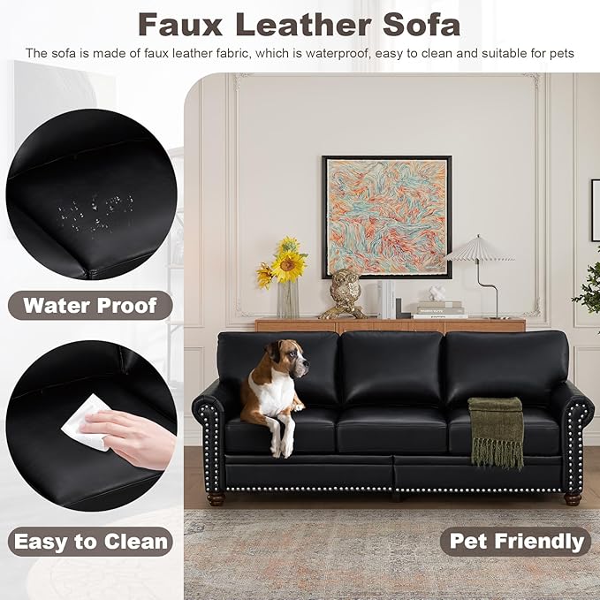 Faux Leather Sofa,82" W Mid Century Modern Couch with Storage Place,Over...