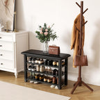 Shoe Rack Bench with Leather Cushion 3-Tier Shoe Rack Organizer for Entryway Hallway or Living Room Farmhouse Rustic Wooden Seat Bench Black 11.8" Dx23.6 Wx20.4 H