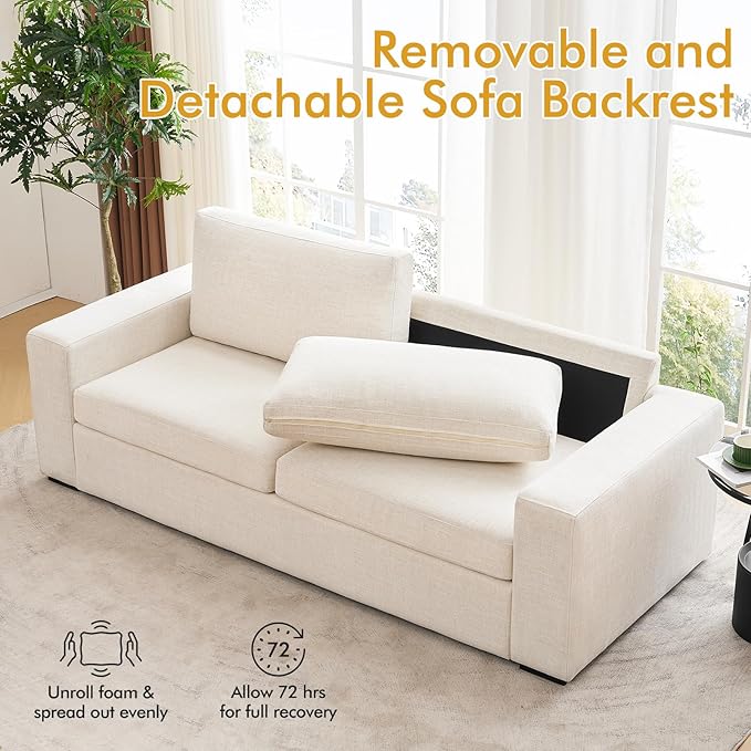 ELUCHANG 85" Modern Sofa Couches for Living Room, 3 Seater Sofa, Natural Linen Deep Seat Sofa with Upholstered Cushion&Detachable Cover, Comfy Sofa Couch for Small Space, Apartment, Beige