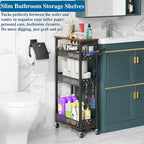 Rolling Slim Storage Cart, 4-Tier Narrow Bathroom Organizers and Storage Cart, Metal Narrow Kitchen Laundry Room Organization Shelf with Wood Top, Slim Utility Cart with Wheels for Small Space
