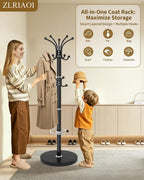 Metal Coat Rack, Modern Coat Rack Stand, 360°Rotary Coat Tree Stand | Heavy Duty Coat Rack Freestanding with Natural Marble Base, Black Clothes Tree Hanger Stand with 14 Hooks & Umbrella Holder