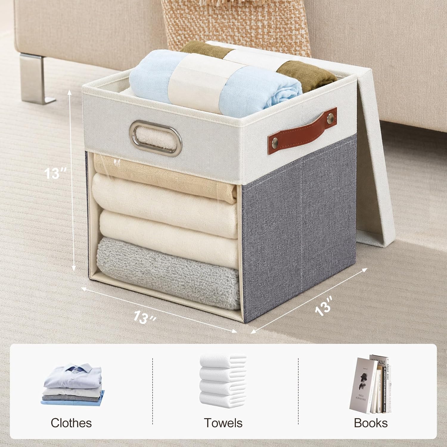 13x13 Inch Ultra Thick Fabric Storage Bins with Lids & Windows, 3P | Foldable, Closet Storage Bins, with 3 Handles, Home Decorative Boxes, for Bedroom, Living Room, Dorm, Office (Gray & White)