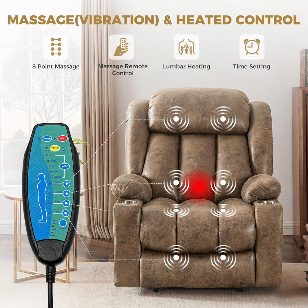 Oversized Power Lift Recliner Chair, Big and Tall, Light Brown | Lift Chairs with Massage and Heating, Breathable Faux Leather with Metal Cup Holders, USB A&C Ports