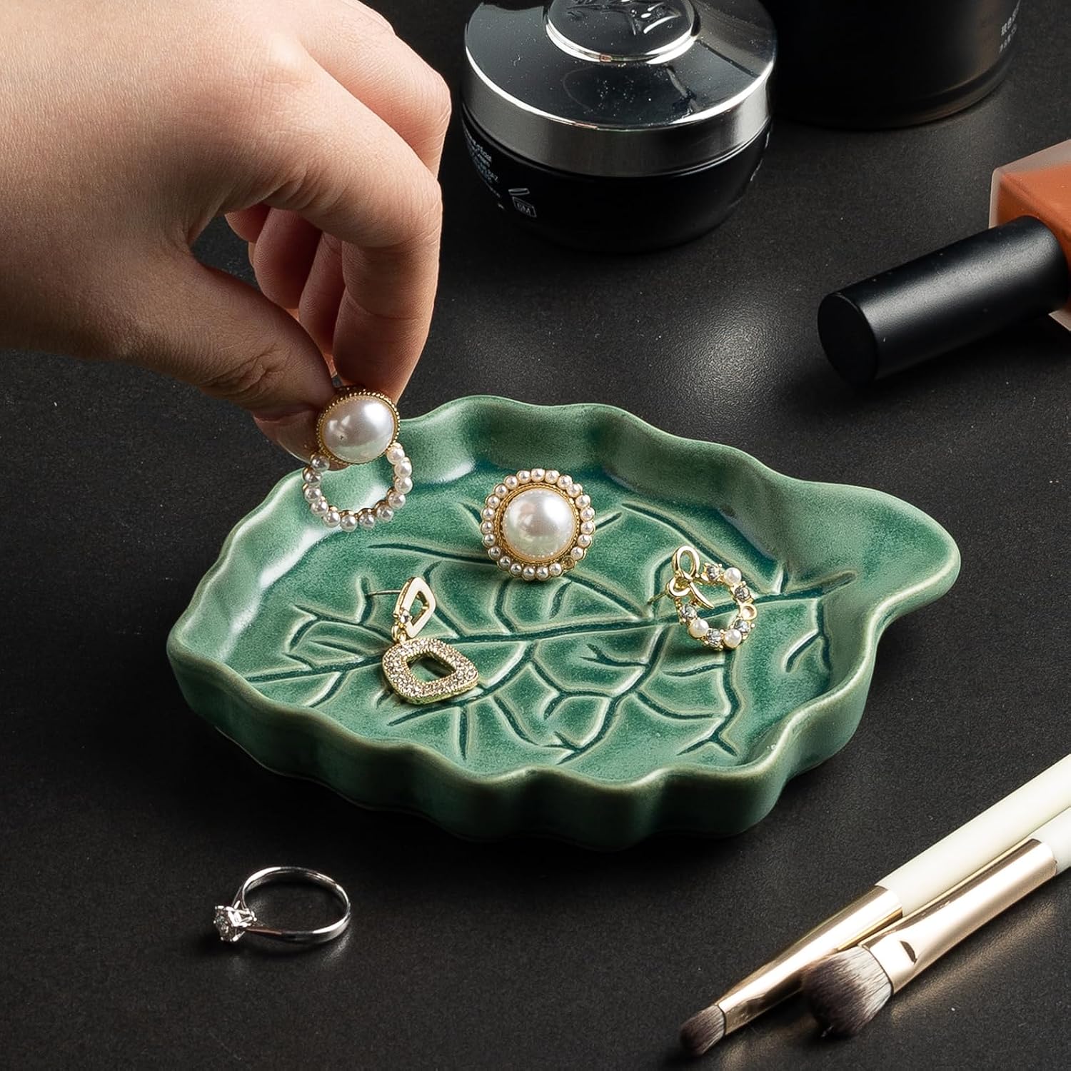 Ceramic Leaf Ring Dish, Small Trinket Tray with Gift Box | Holds rings, earrings, necklaces, keys, coins, and hair clips in one easy-to-see spot for daily use at home