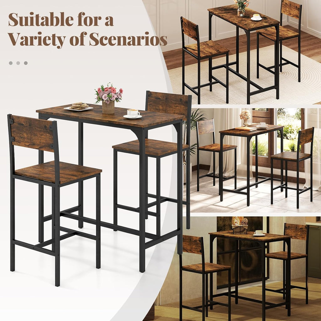 Tangkula 3 Piece Counter Height Bar Table Set, Pub Table and Chairs Set of 2, High Top Console Table with Stools for 2, Space-Saving Dinette Set for Breakfast Nook (Rustic Brown)