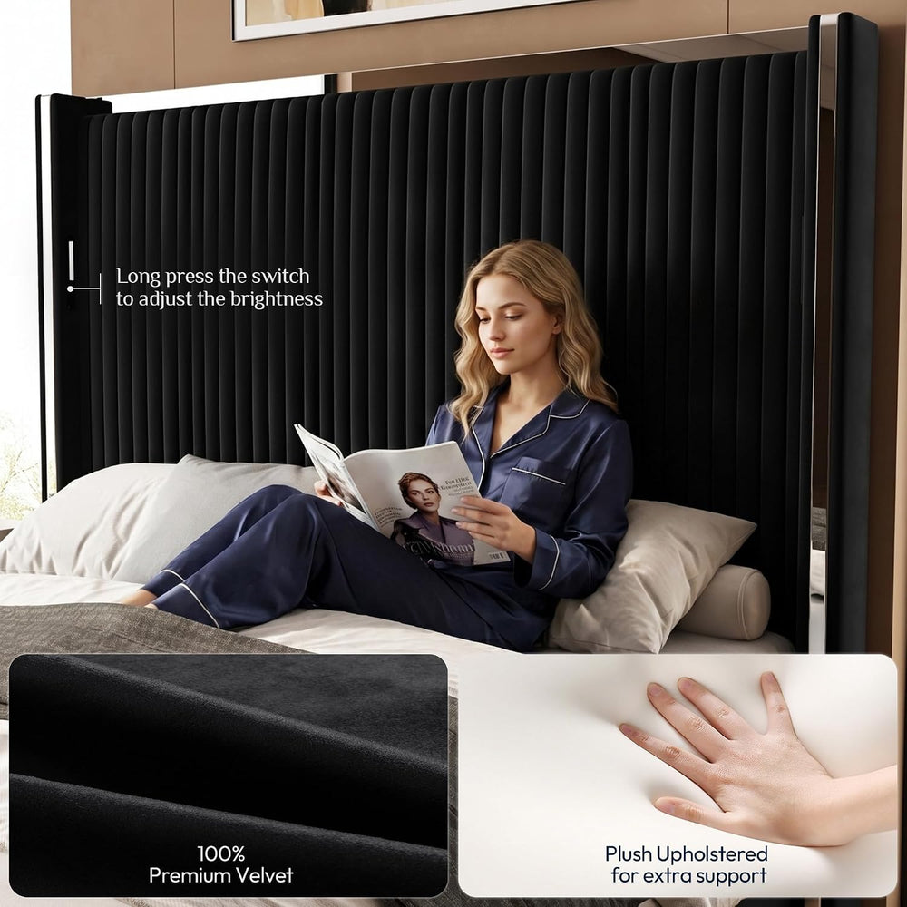 Belffin Queen Size Bed Frame with 59'' Tall Headboard, Velvet Bed, Black