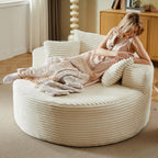 Lakifun Oversized Round Chair Lounge Chaise Indoor, Upholstered Corduroy Deep Seat Cloud Large Circle Sofa Chair, No Assembly Required, Fluffy Modern Sleeper Sofa Bed for Reading, Light White
