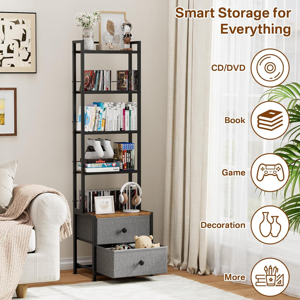CD Storage Rack with Drawer, 5-Tier DVD Organizer Shelf w/Adjustable Book Stoppers, Media Storage Rack for CD/DVD, Books & Games, Ideal for Living Room & Home Office – 15.7x11.8x56.5Inches