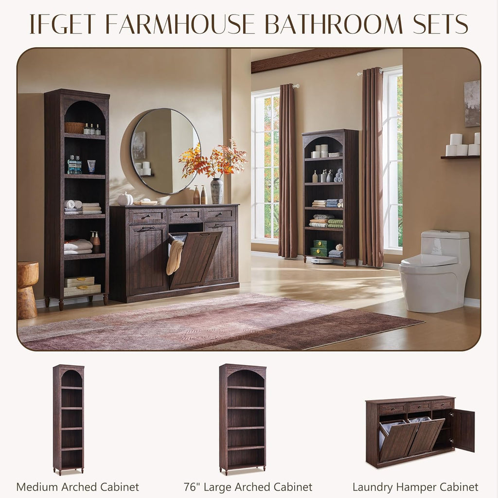 Triple Tilt Out Trash Can Cabinet, 20 Gallon Farmhouse Laundry Hamper Cabinet w/3 Drawers & Adjustable Shelf, Hidden Wooden Trash Can Cabinets with Storage Basket for Kitchen (Brown)