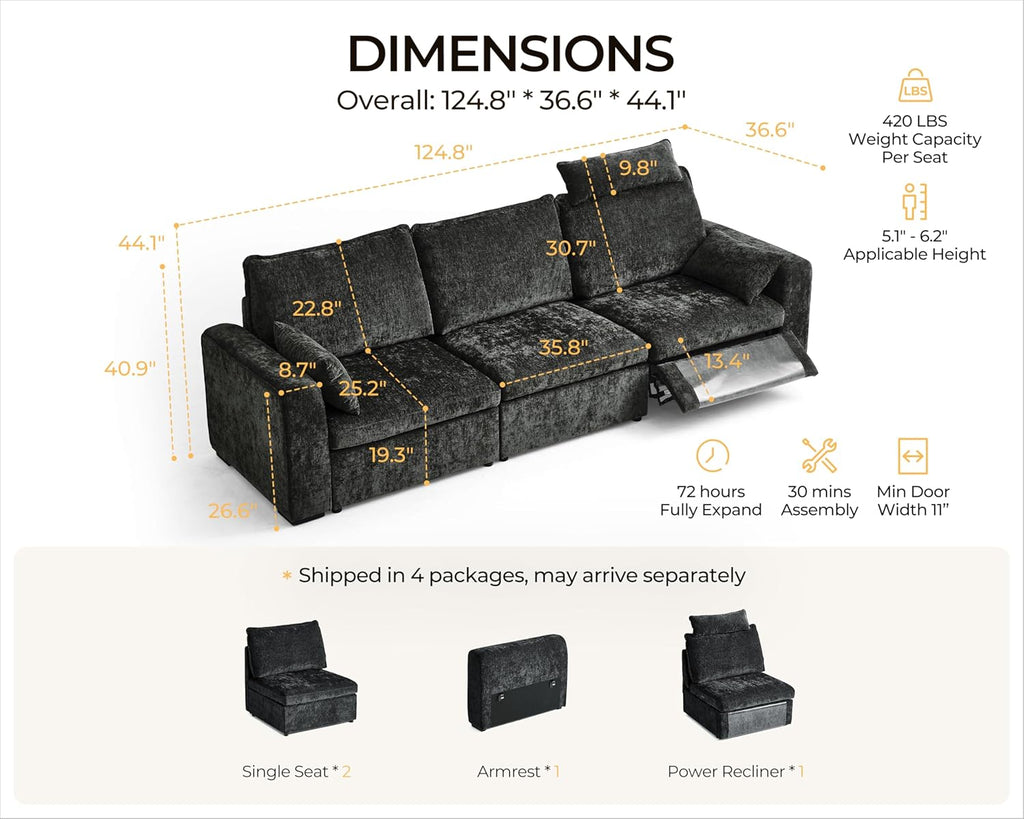 124.8'' Oversized Power Recliner Sofa with Headrest, Extra Wide Deep Modular Cloud Sectional Reclining Couch Wall Hugger, Convertible 3-Seater for RV Home Theater Living Room, Chenille, Black